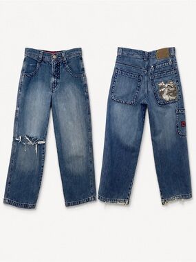 JNCO Vintage Y2K 90s Size 12 Youth Boys Jeans Bulldog Embroidered Baggy Skater